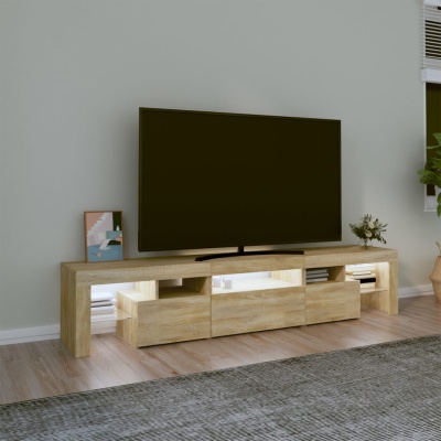 Móvel de televisão em madeira clara com gavetas e prateleiras iluminadas, televisão grande e decoração minimalista