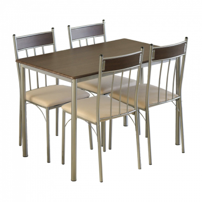 Conjunto de mesa com quatro cadeiras metálicas prateadas com madeira escura e assentos bege
