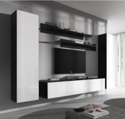 Móvel de sala preto e branco com televisão no centro numa sala moderna e clara