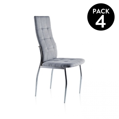 Cadeira estofada cinzenta com pernas metálicas prateadas e encosto alto