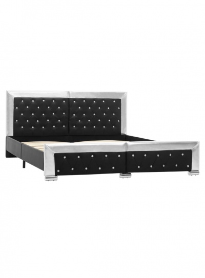 Cama de casal preto com detalhes prateados e botões acolchoados