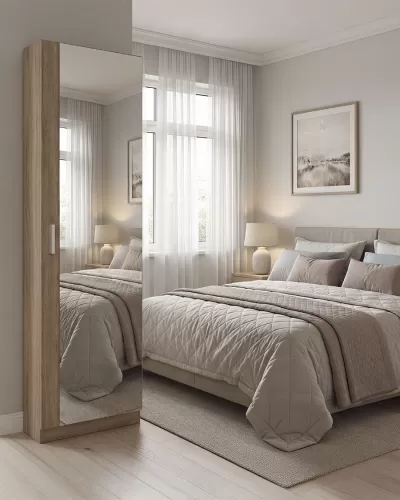 Roupeiro vertical em madeira com porta espelhada num quarto minimalista.