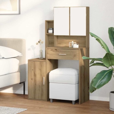 Móvel de madeira clara com portas brancas e banco branco acolchoado ao lado de uma cama