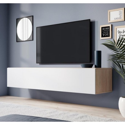 Móvel suspenso cinzento e branco com televisão e decoração de parede