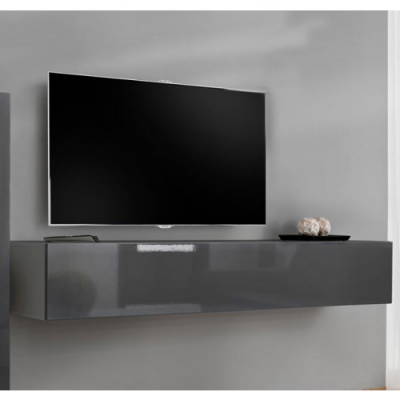 Móvel suspenso cinzento brilhante com televisão preta montada na parede