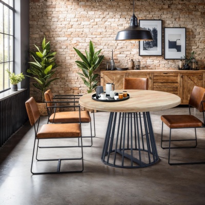 Mesa redonda de madeira com cadeiras de pele castanha numa sala com parede de tijolos e plantas verdes
