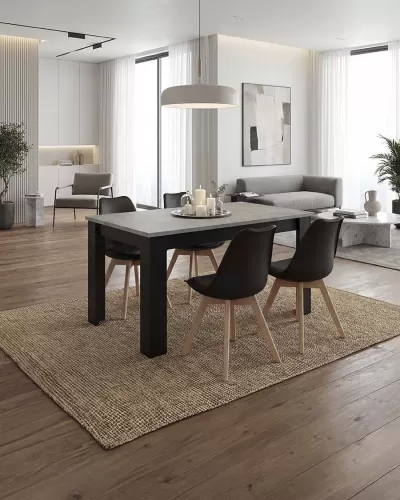 Mesa de jantar preta com quatro cadeiras em sala moderna com tapete bege e chão de madeira