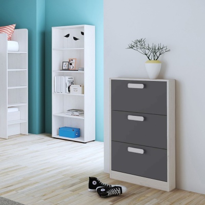 Armário de parede cinza escuro com três portas em sala moderna