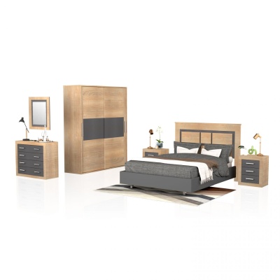 Conjunto de mobiliário de quarto em madeira clara com detalhes cinza.