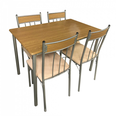 Conjunto de mesa de jantar com tampo de madeira clara e quatro cadeiras com estrutura metálica e assentos estofados bege