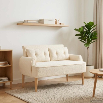 Sofá creme em sala minimalista com prateleira, estante, planta e cortinas