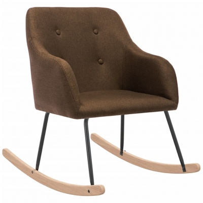 Cadeira de baloiço estofada castanha com pernas metálicas pretas e bases de madeira clara