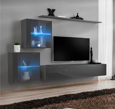 Conjunto de móveis cinza brilhante para sala com iluminação LED azul e TV