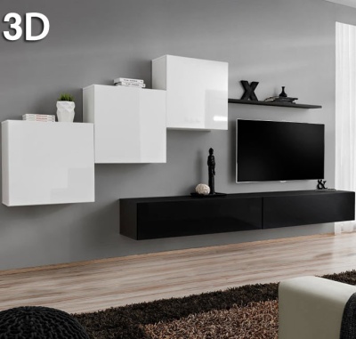 móveis suspensos brancos e pretos numa sala moderna com televisão