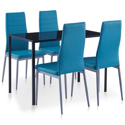 Conjunto mesa vidro preto e quatro cadeiras azuis com pernas metálicas