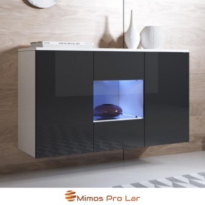 Móvel de parede preto com prateleira iluminada azul e vasos decorativos