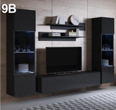 Conjunto de móveis pretos com estantes verticais, prateleiras suspensas e móvel para televisão em sala moderna