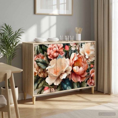 Móvel de madeira clara com portas florais em sala iluminada com prancha de pratos e utensílios em cima.