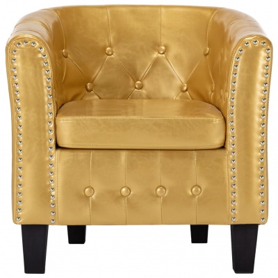 Poltrona Chesterfield dourada em couro com botões e tachas