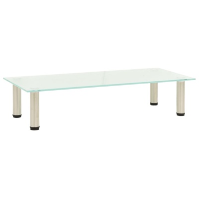 Mesa baixa retangular com tampo em vidro e pés metálicos cilíndricos