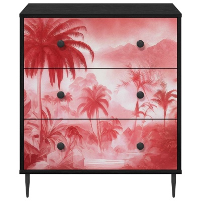 Cómoda preta com gavetas decoradas com padrão tropical em vermelho