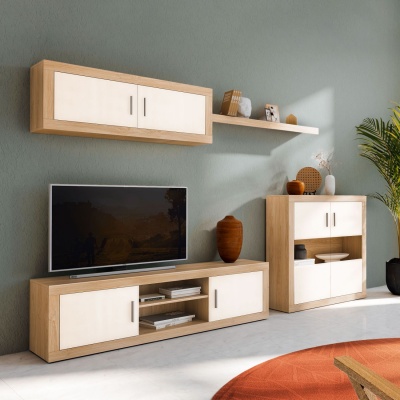 Móveis de sala em madeira clara com portas brancas, televisão, prateleira e planta