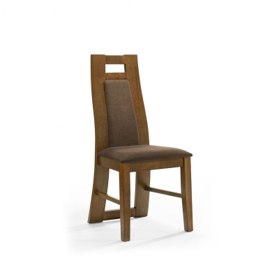 Cadeira de madeira com estofado castanho e encosto alto