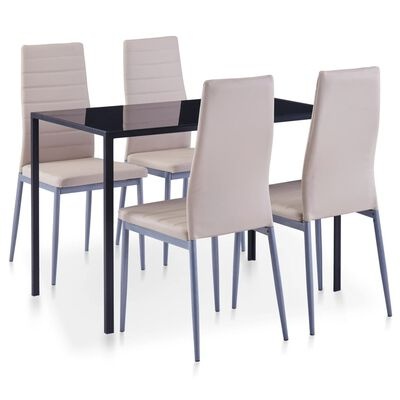 Conjunto de mesa preta com quatro cadeiras bege em fundo branco
