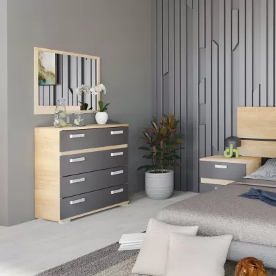 Quarto moderno com cómoda e mesa de cabeceira em madeira clara e gavetas cinzentas