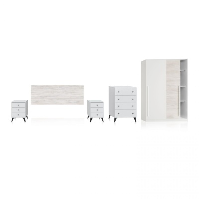 Conjunto de móveis para quarto em branco e madeira clara com mesas de cabeceira, cabeceira, cómoda e roupeiro.