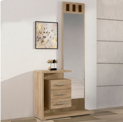 Móvel de entrada em madeira clara com espelho vertical e três gavetas
