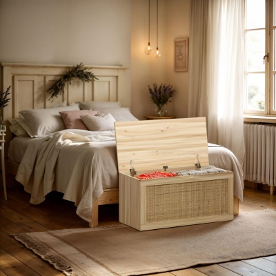 Baú de arrumação em madeira clara aberto no quarto com cama e cortinas brancas