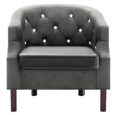 Poltrona cinzenta de veludo com botões em cristal e assento preto