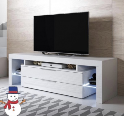 Móvel TV branco moderno com iluminação LED azul em ambiente interior