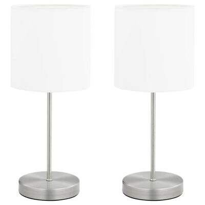 Conjunto de duas lâmpadas de mesa com abajur branco e base metálica prateada