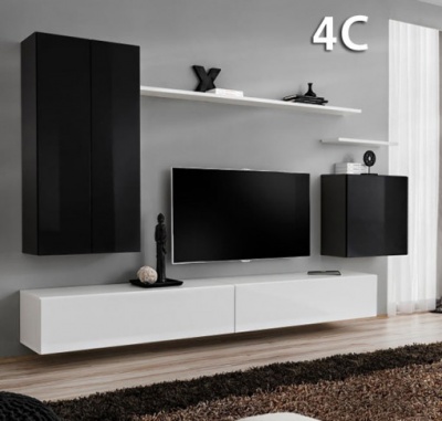 Móvel de sala de estar modular preto e branco com televisão montada na parede cinzenta