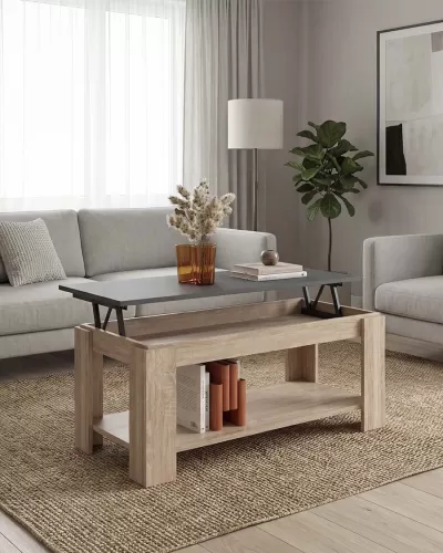 Mesa de centro em madeira clara com tampo elevatório cinza e decoração numa sala moderna