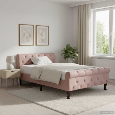 Cama rosa estofada com detalhes abotoados num quarto claro com móveis modernos e decoração minimalista.