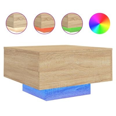 Mesa de apoio em madeira clara com base iluminada em LED e opções de cores