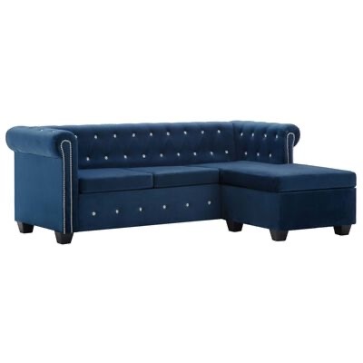 Sofá chaise longue azul em veludo com botões decorativos