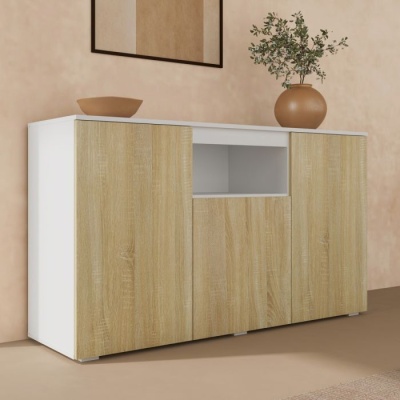 Móvel baixo branco com portas de madeira clara e decoração minimalista