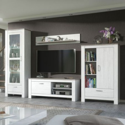 Conjunto de móveis para sala com vitrina, móvel TV, estante e prateleira branca rústica