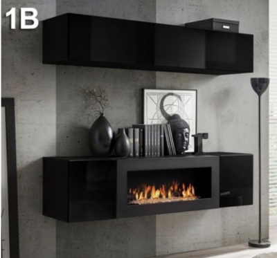 Móvel preto de parede com lareira elétrica embutida e decoração num ambiente minimalista