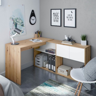 Secretária de canto clara com gavetas brancas e decoração moderna