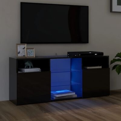 Móvel de TV preto com iluminação azul LED e televisão montada na parede