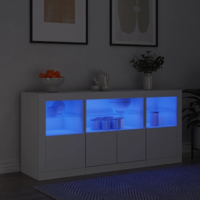 Móvel branco com luz azul e objetos organizados, parede cinzenta e quadros abstratos
