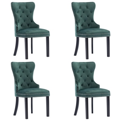 Conjunto de quatro cadeiras estofadas verde escuro com tachas e pernas pretas.