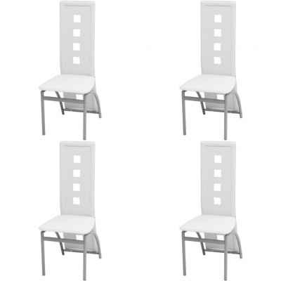 Conjunto de quatro cadeiras brancas com encosto alto e recortes quadrados