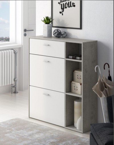 Móvel branco e cinzento com gavetas e prateleiras numa sala moderna