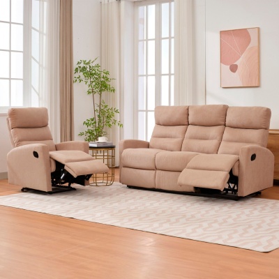 Sofás reclináveis bege numa sala moderna com tapete, mesa, planta e quadro abstrato.